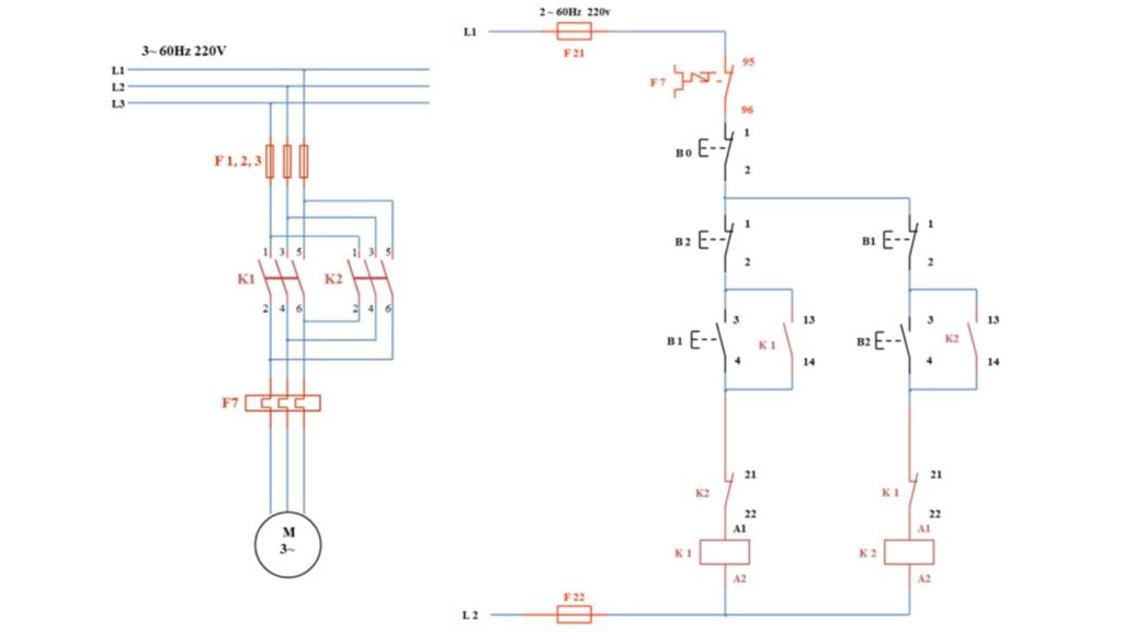 Diagrama de potência do tipo de partida de motores com partida direta com reversão